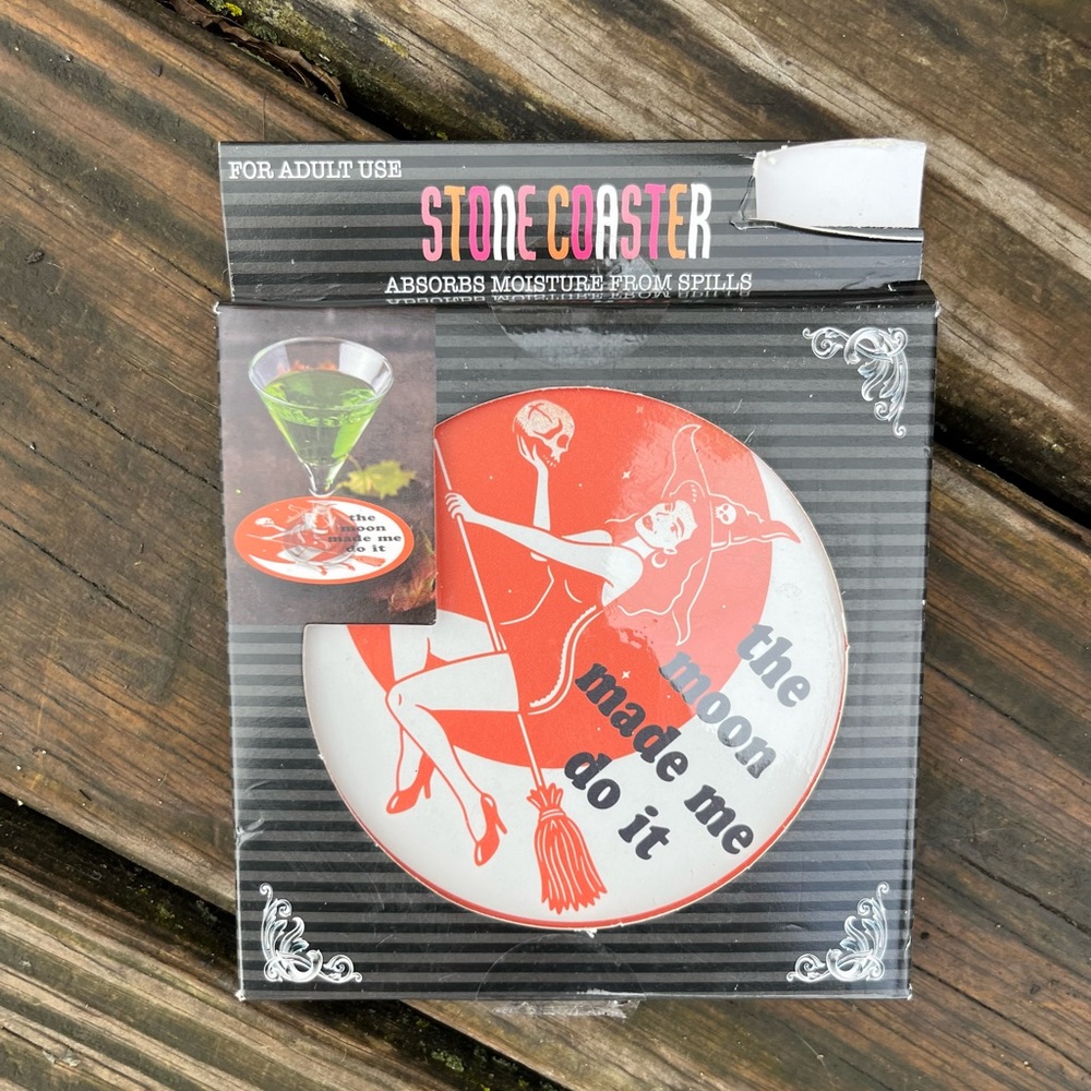 STONE COASTER MOISTURE ABSORBING WITCH ON A BROOM ‘THE MOON MADE ME DO IT’